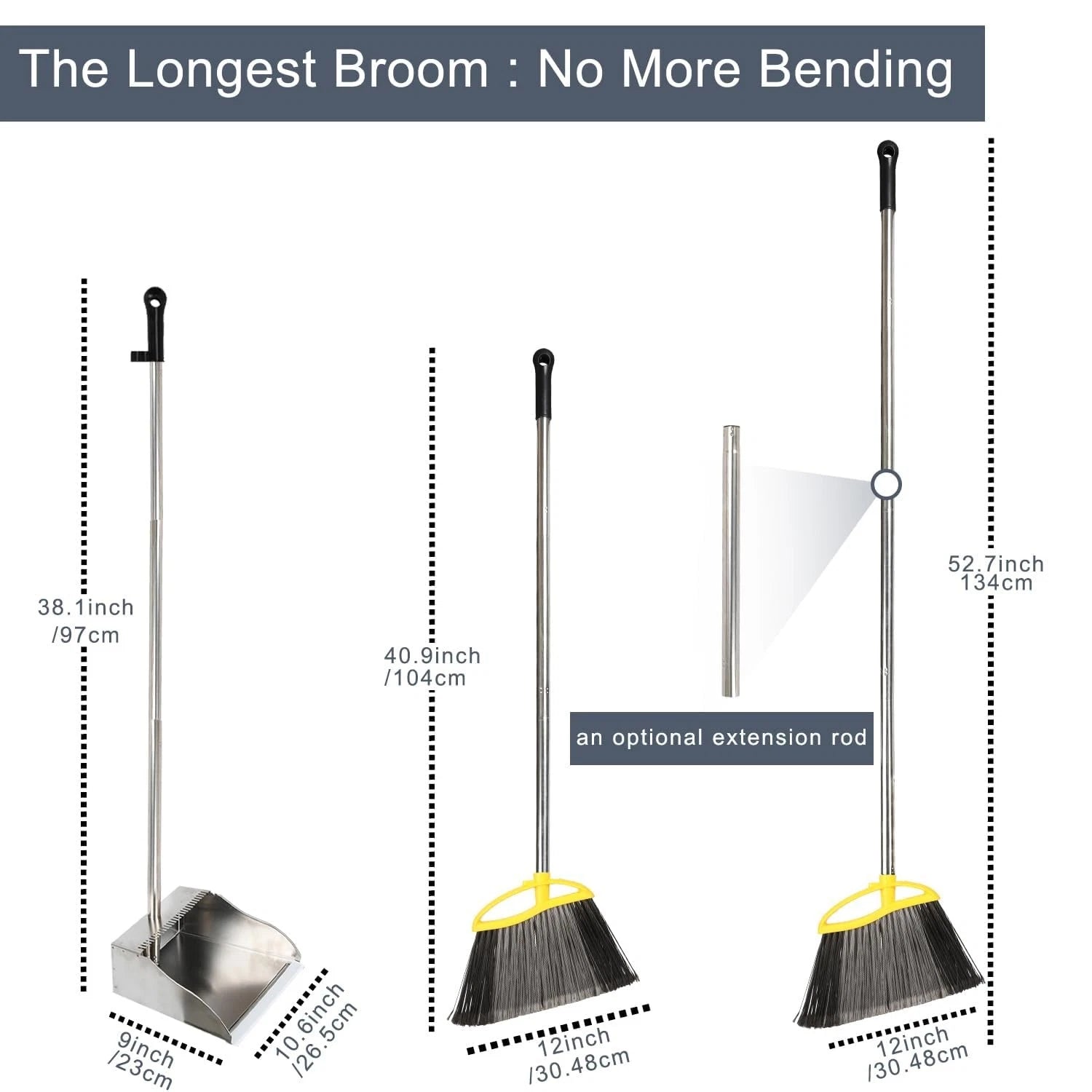 Broom and Dustpan Set, Heavy Duty Broom with Stainless Steel Dustpan, Stiff B...