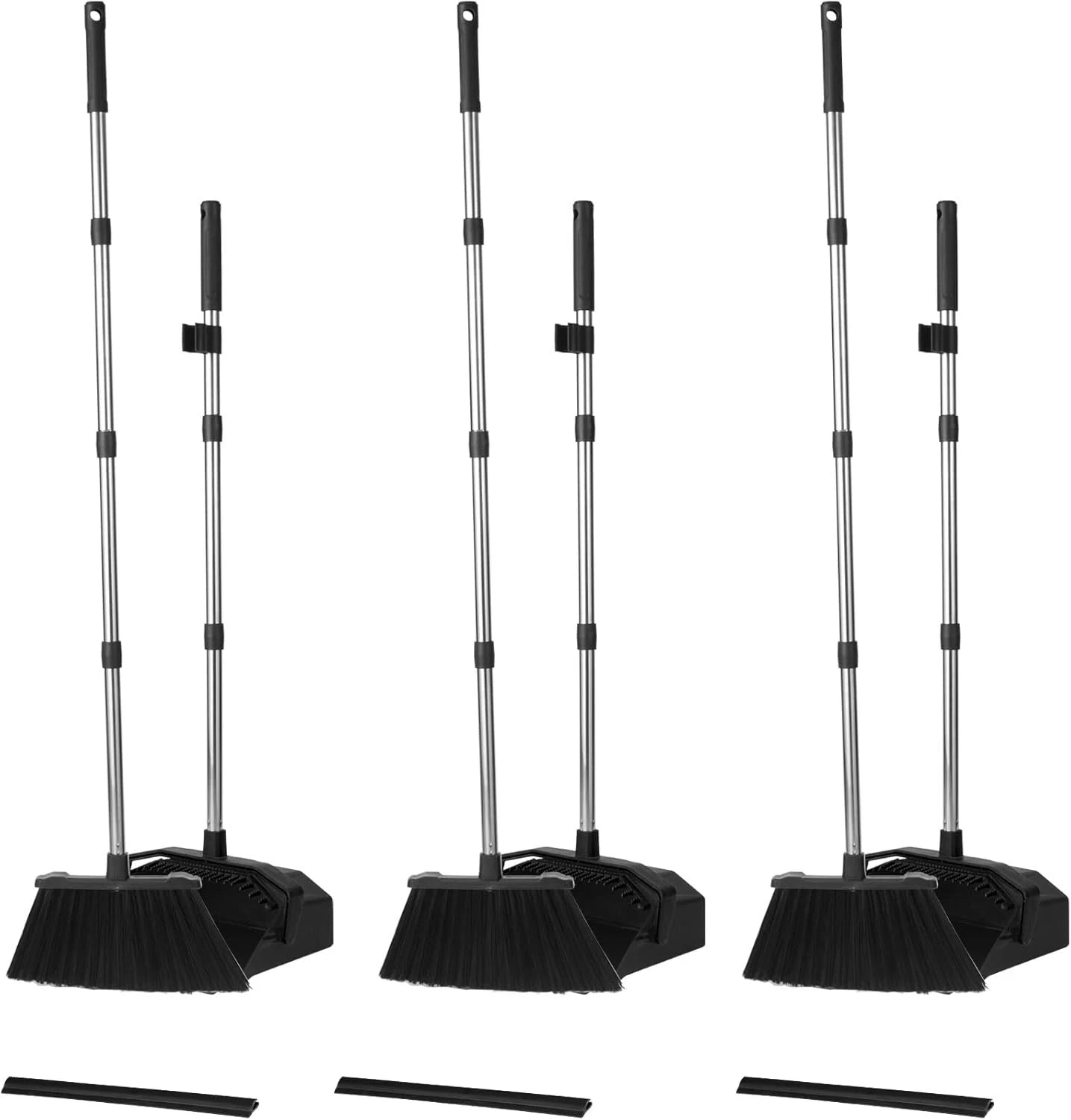 3-Pack Large Broom Dustpan Set Combo 51" Handle Self-Cleaning Teeth Home Office