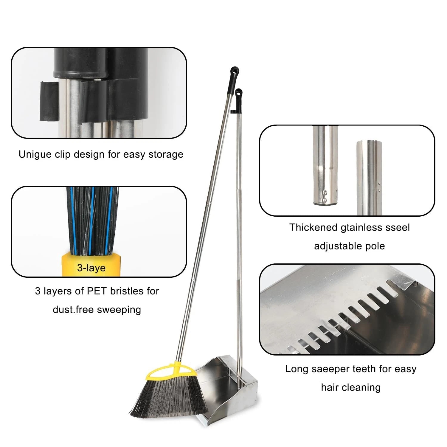 Broom and Dustpan Set, Heavy Duty Broom with Stainless Steel Dustpan, Stiff B...