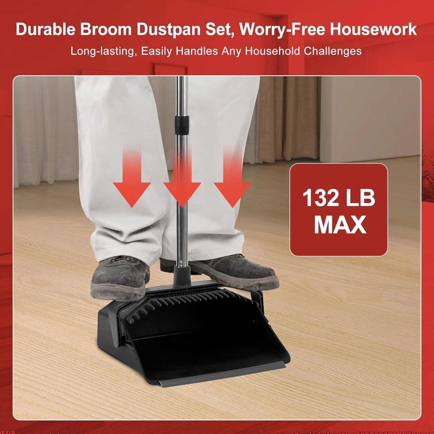 3-Pack Large Broom Dustpan Set Combo 51" Handle Self-Cleaning Teeth Home Office