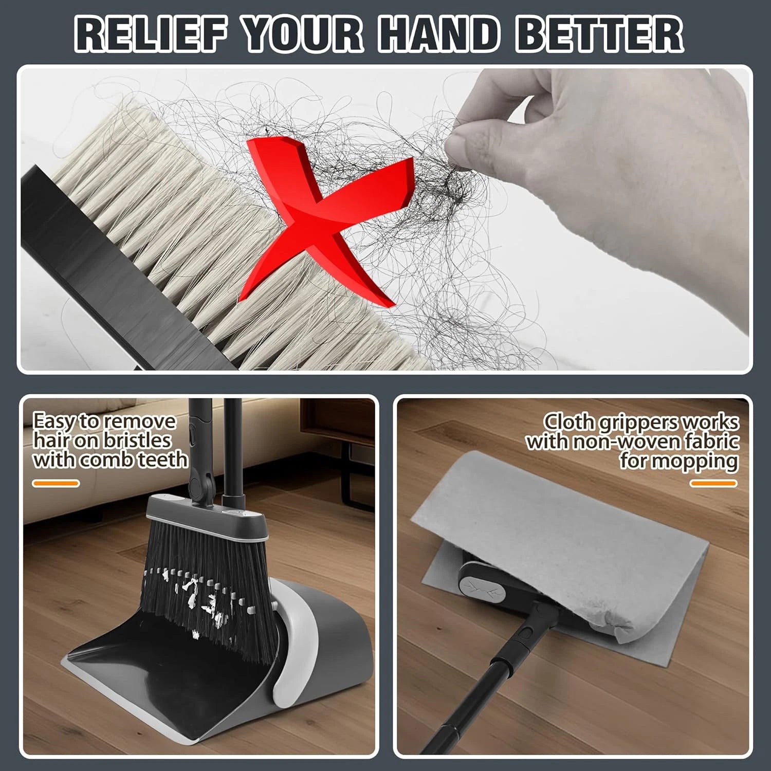 Broom and Dust Pan, 54.3 Inches Long Handle Swivel Brush, Upright Foldable Dustp
