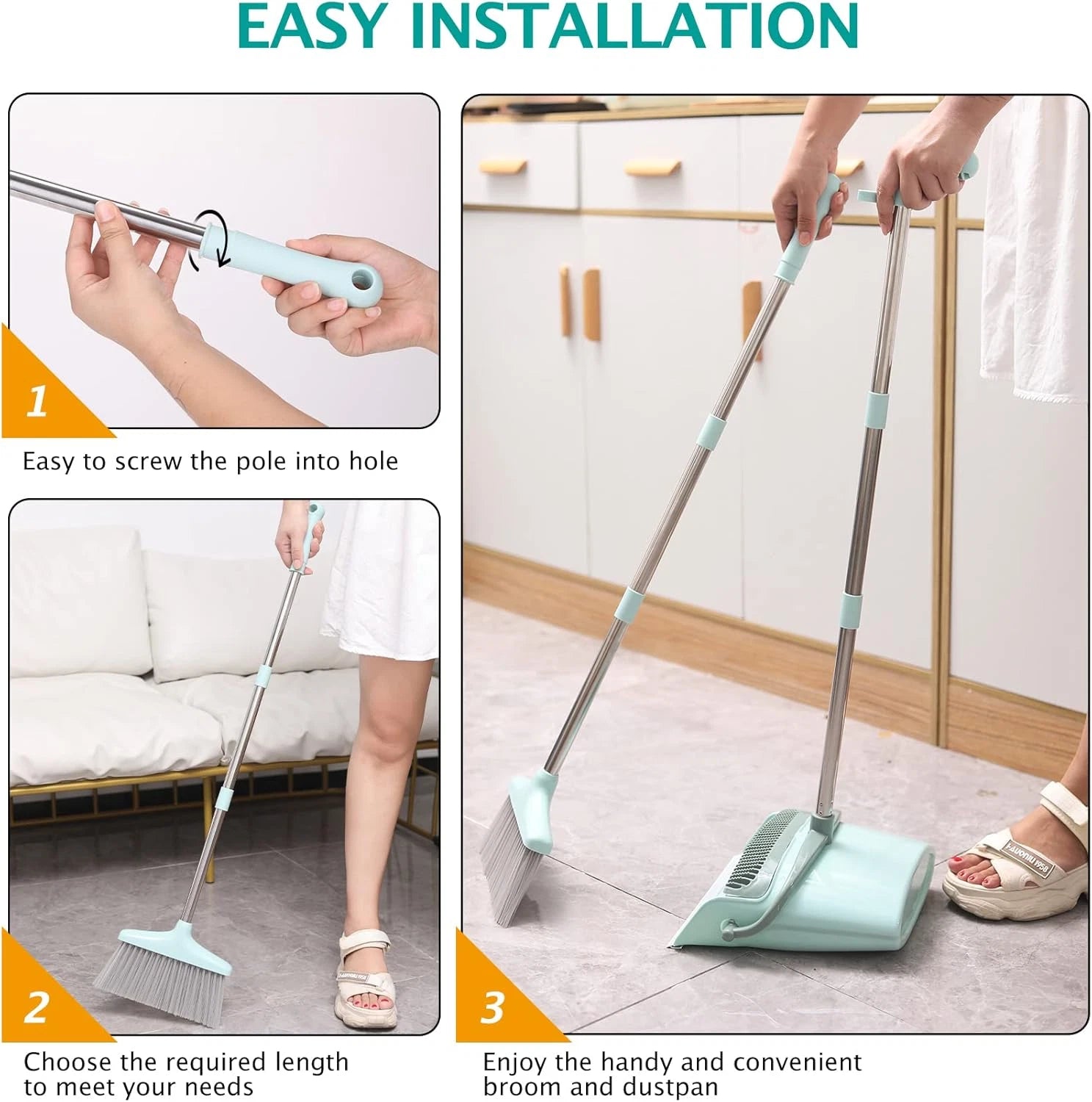 Broom and Dustpan Set with 55" Handle - Indoor Cleaning Tool, Bluish Green