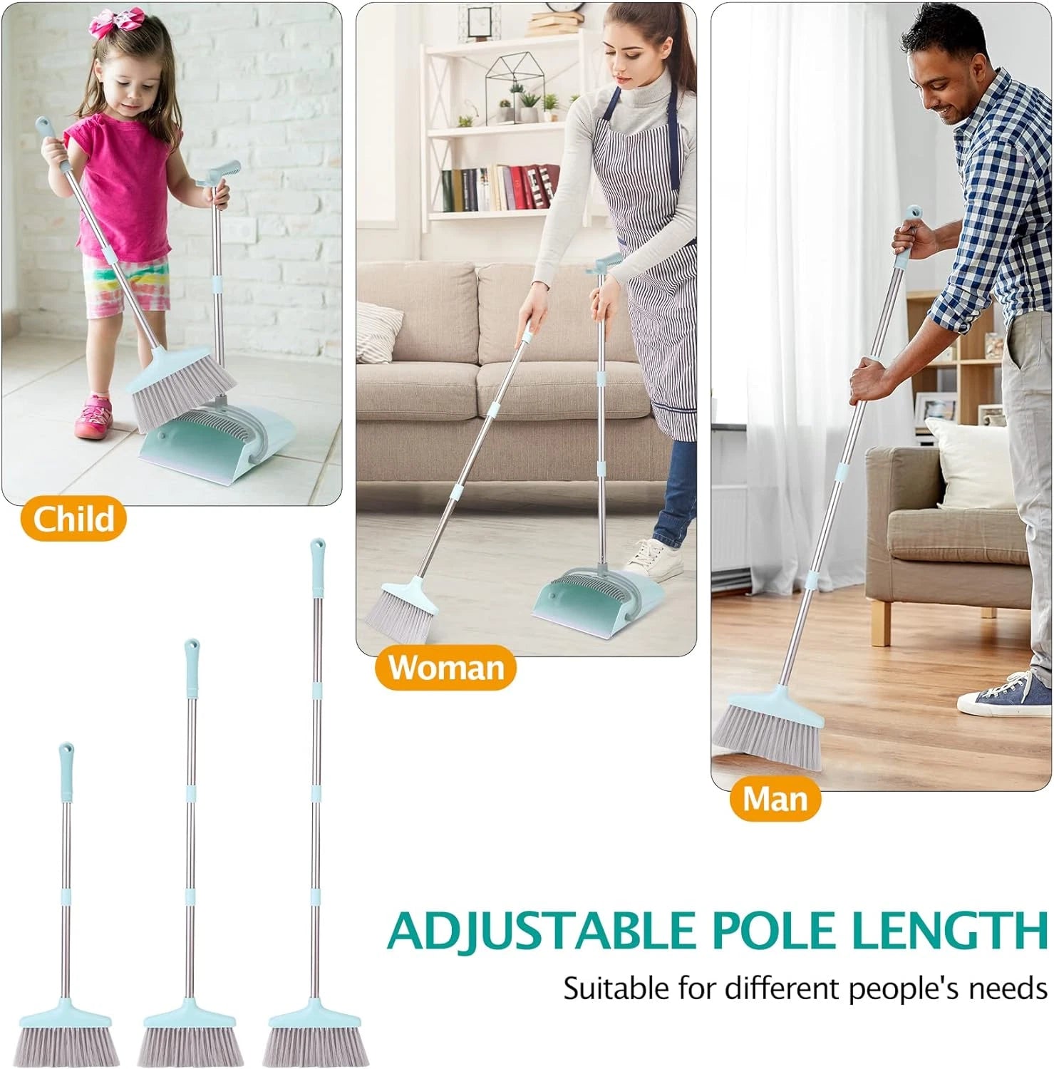 Broom and Dustpan Set with 55" Handle - Indoor Cleaning Tool, Bluish Green