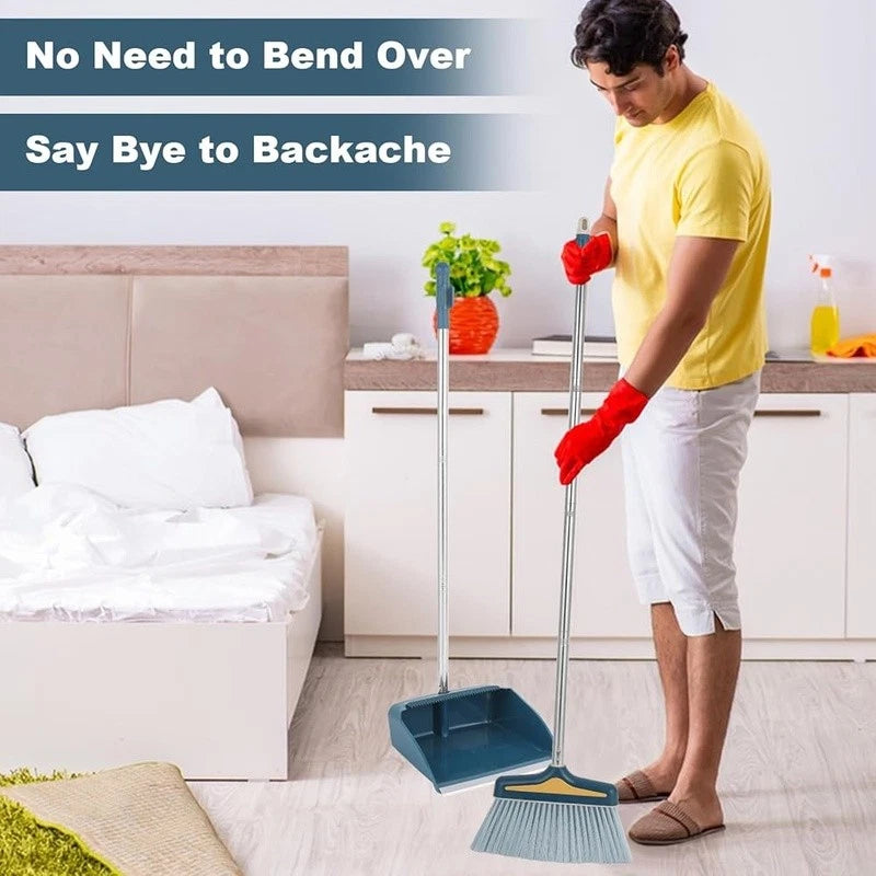Broom Dustpan Set Long Handle Rubber Lip Bristles Indoor Outdoor Cleaning New