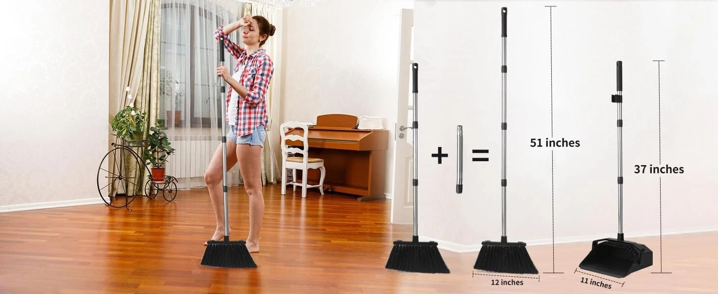 3-Pack Large Broom Dustpan Set Combo 51" Handle Self-Cleaning Teeth Home Office