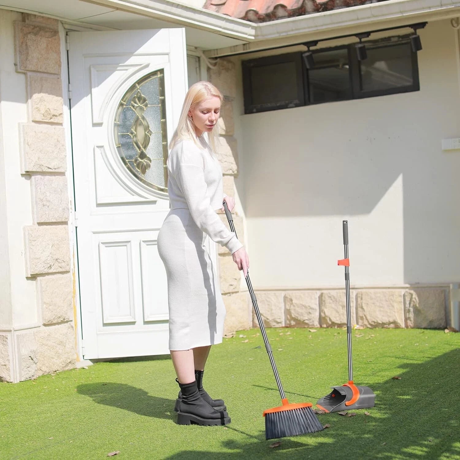 Long Handle Broom Dustpan Set Upright Combo Indoor Outdoor Home Office Sweeping