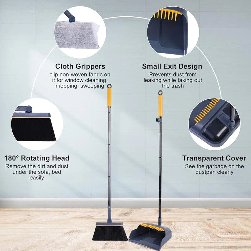 Broom Dustpan Set Long Handle 54 Inch 180 Degree Rotating Cleaning Tool Dust Pan