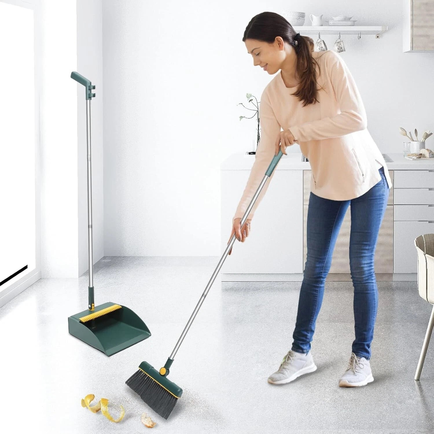 Stainless Steel Handle Broom with Dustpan Combo set for Kitchen Office Garden