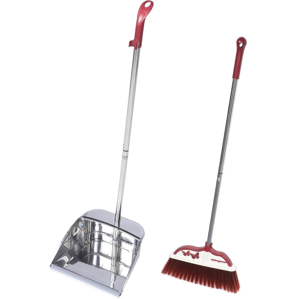 2 Sets Stainless Steel Broom Dustpan Office and Standing Household