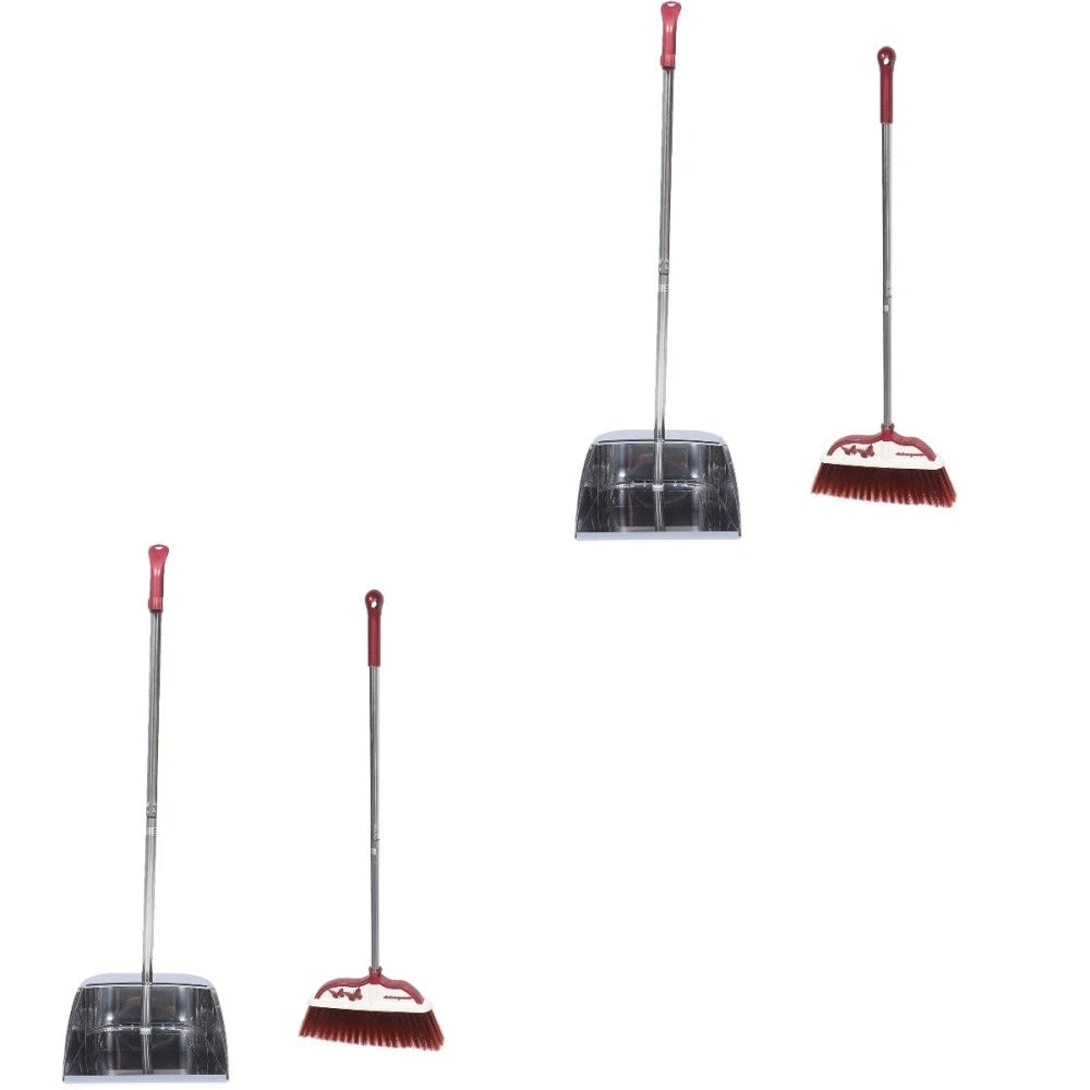 2 Sets Stainless Steel Broom Dustpan Office and Standing Household