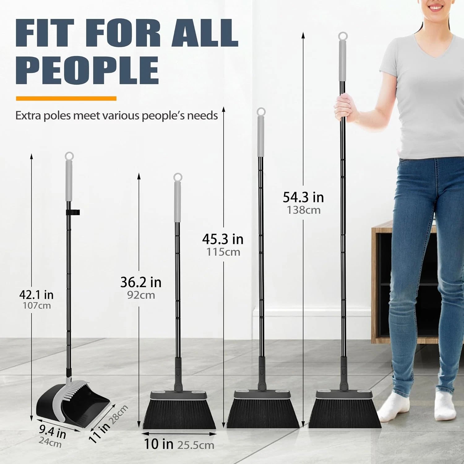 Broom and Dust Pan, 54.3 Inches Long Handle Swivel Brush, Upright Foldable Dustp