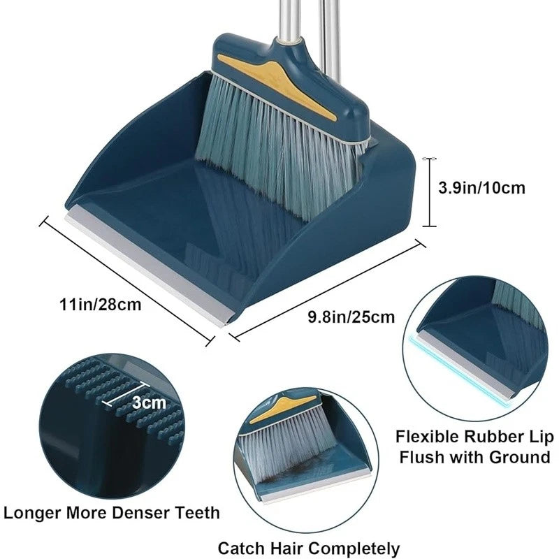 Broom Dustpan Set Long Handle Rubber Lip Bristles Indoor Outdoor Cleaning New