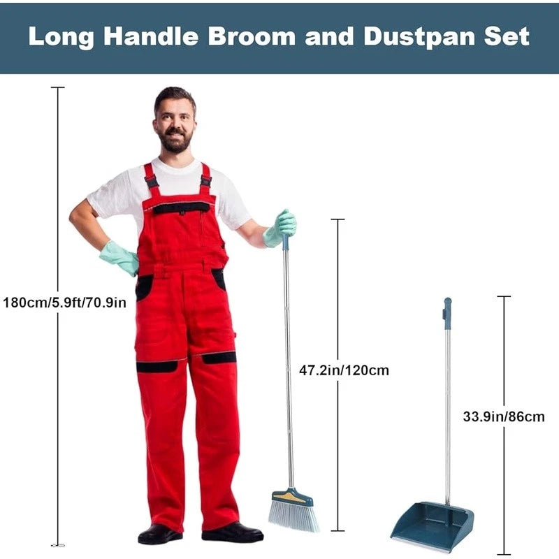 Broom Dustpan Set Long Handle Rubber Lip Bristles Indoor Outdoor Cleaning New