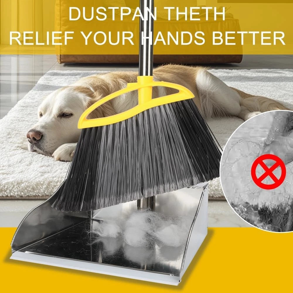 Broom and Dustpan Set, Heavy Duty Broom with Stainless Steel Dustpan, Stiff B...