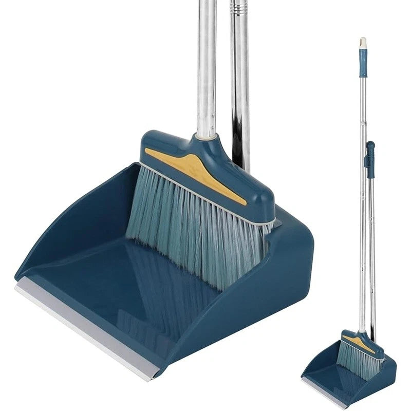 Broom Dustpan Set Long Handle Rubber Lip Bristles Indoor Outdoor Cleaning New