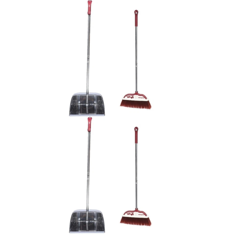 2 Sets Stainless Steel Broom Dustpan Office and Standing Household