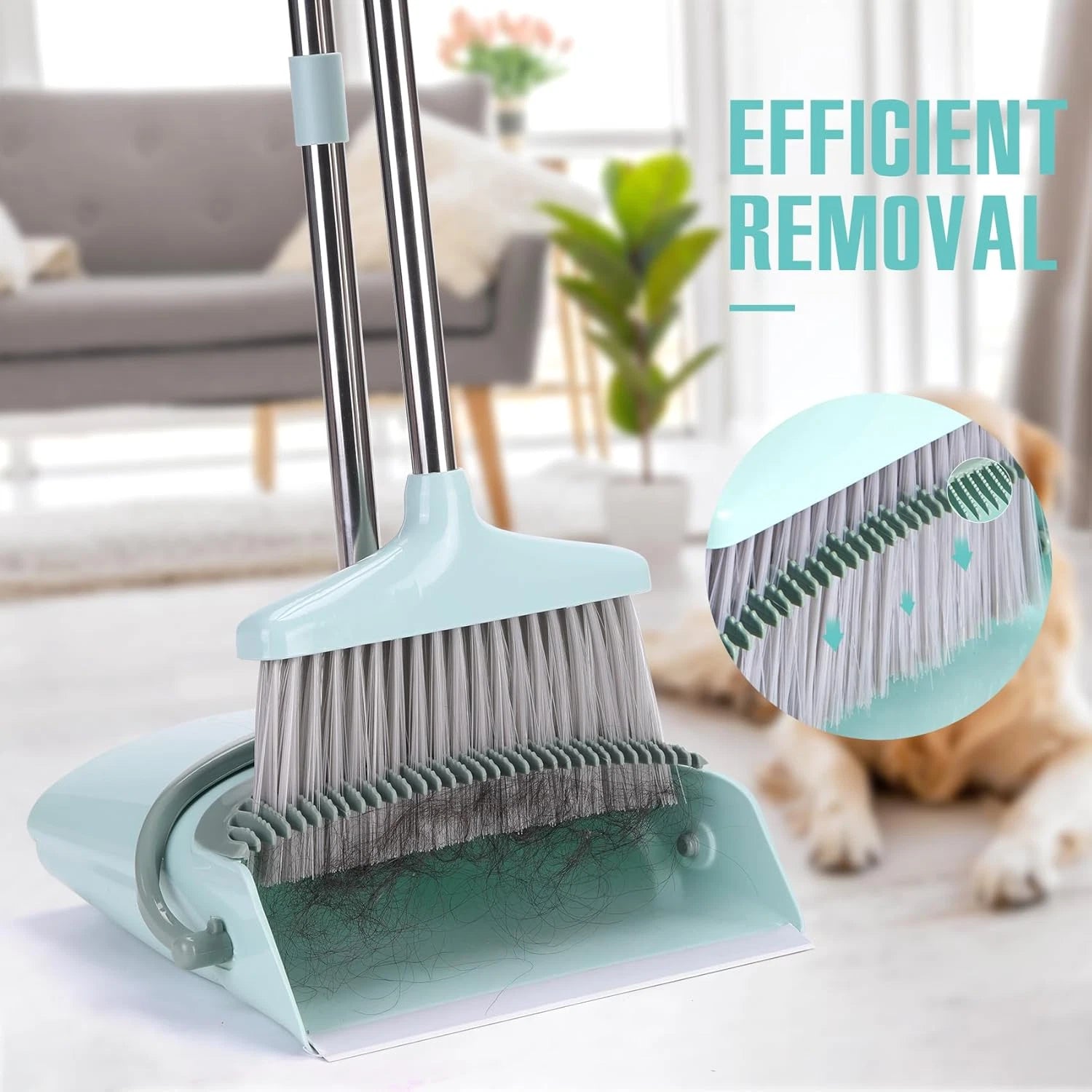 Broom and Dustpan Set with 55" Handle - Indoor Cleaning Tool, Bluish Green