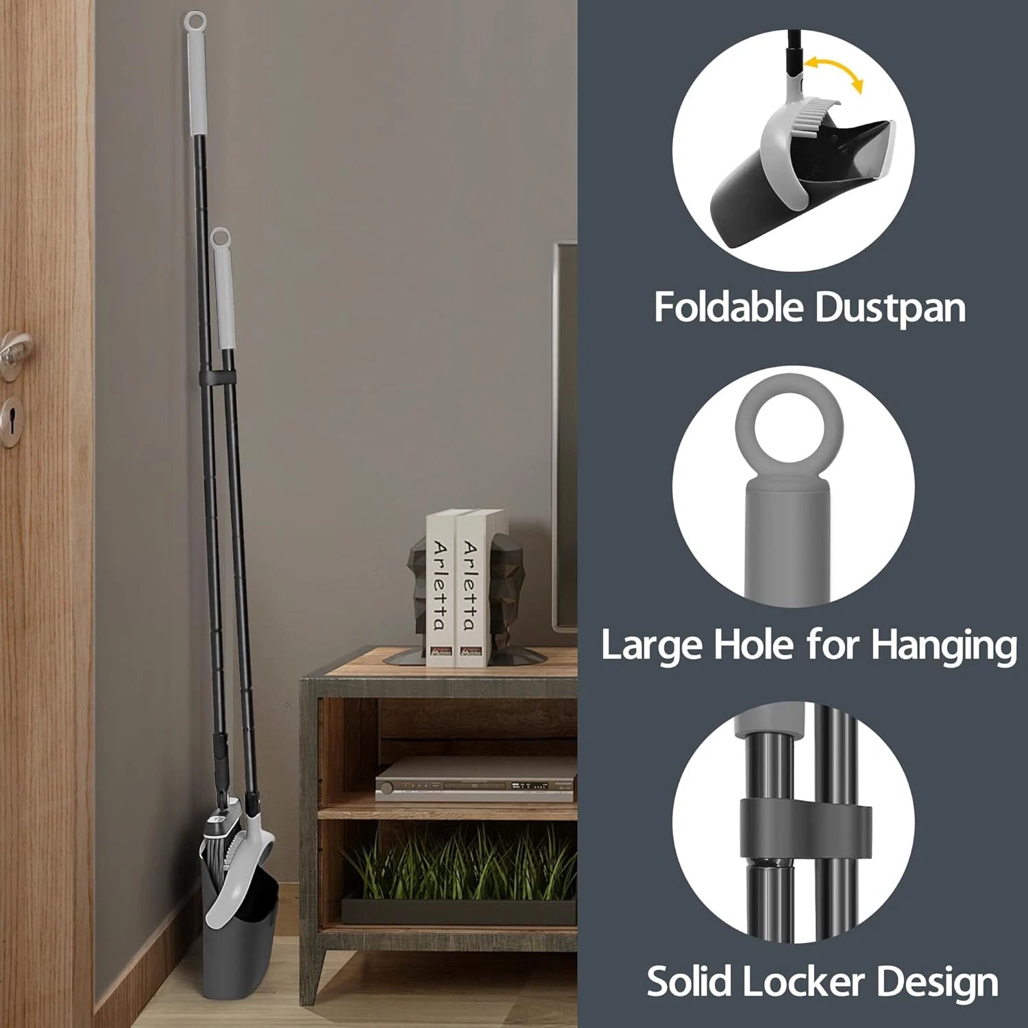 Broom and Dust Pan, 54.3 Inches Long Handle Swivel Brush, Upright Foldable Dustp