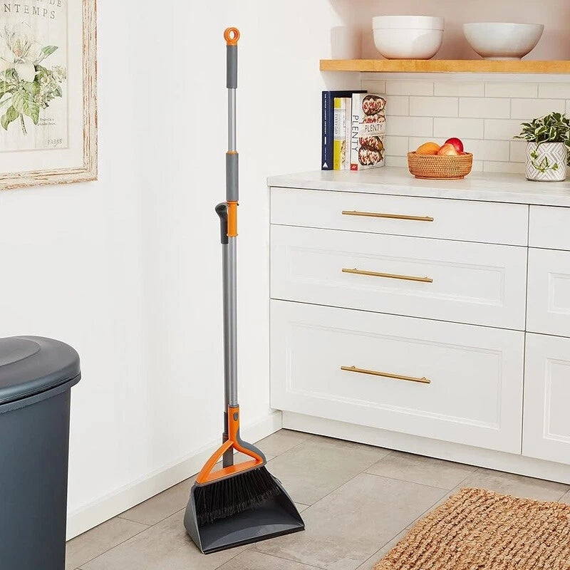 Upright Broom & Dustpan Set Multi-Surface Cleaning Tool Compact Dustpan Ridges