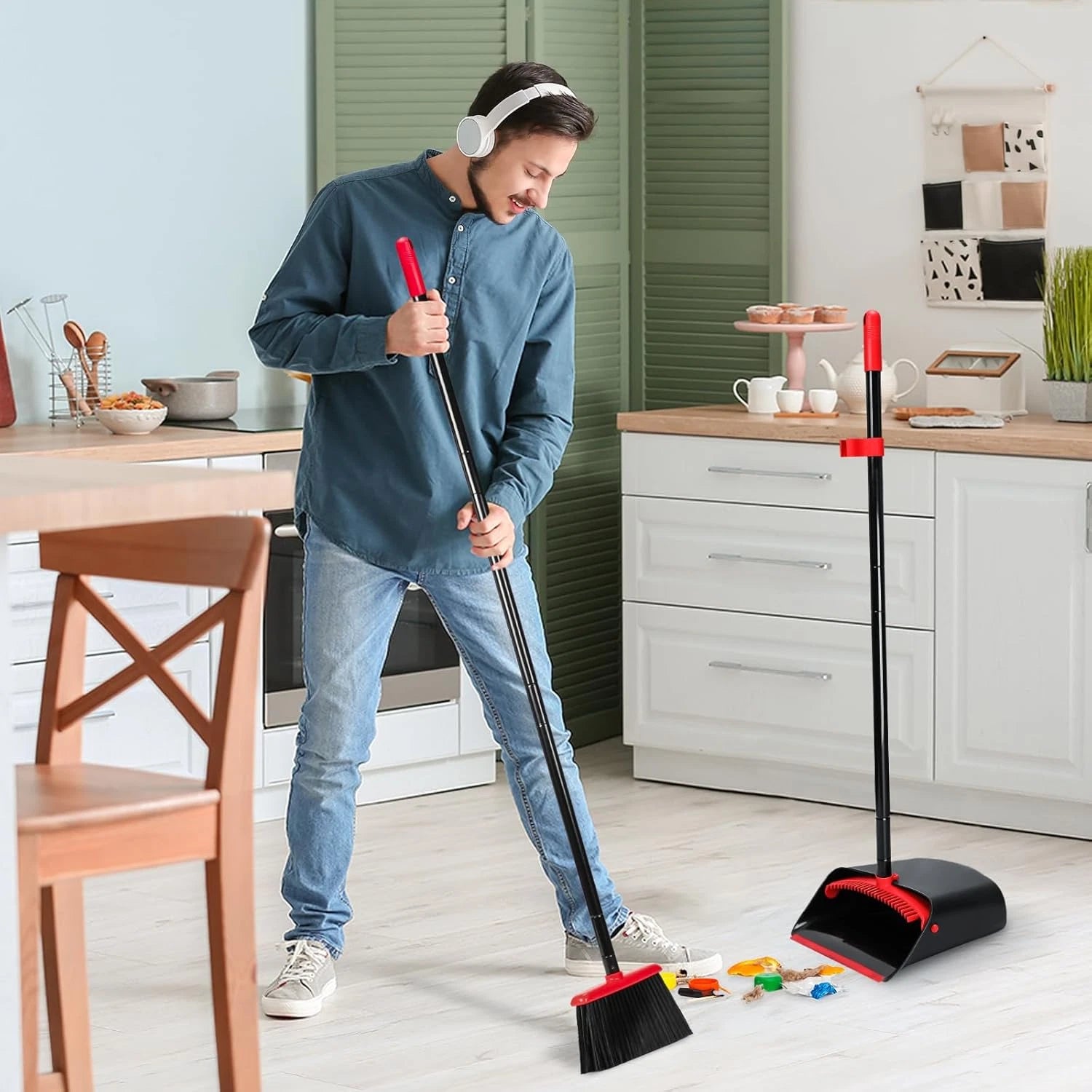 Broom and Dustpan Set with 52" Long Handle for Home Kitchen Room Office Lobby