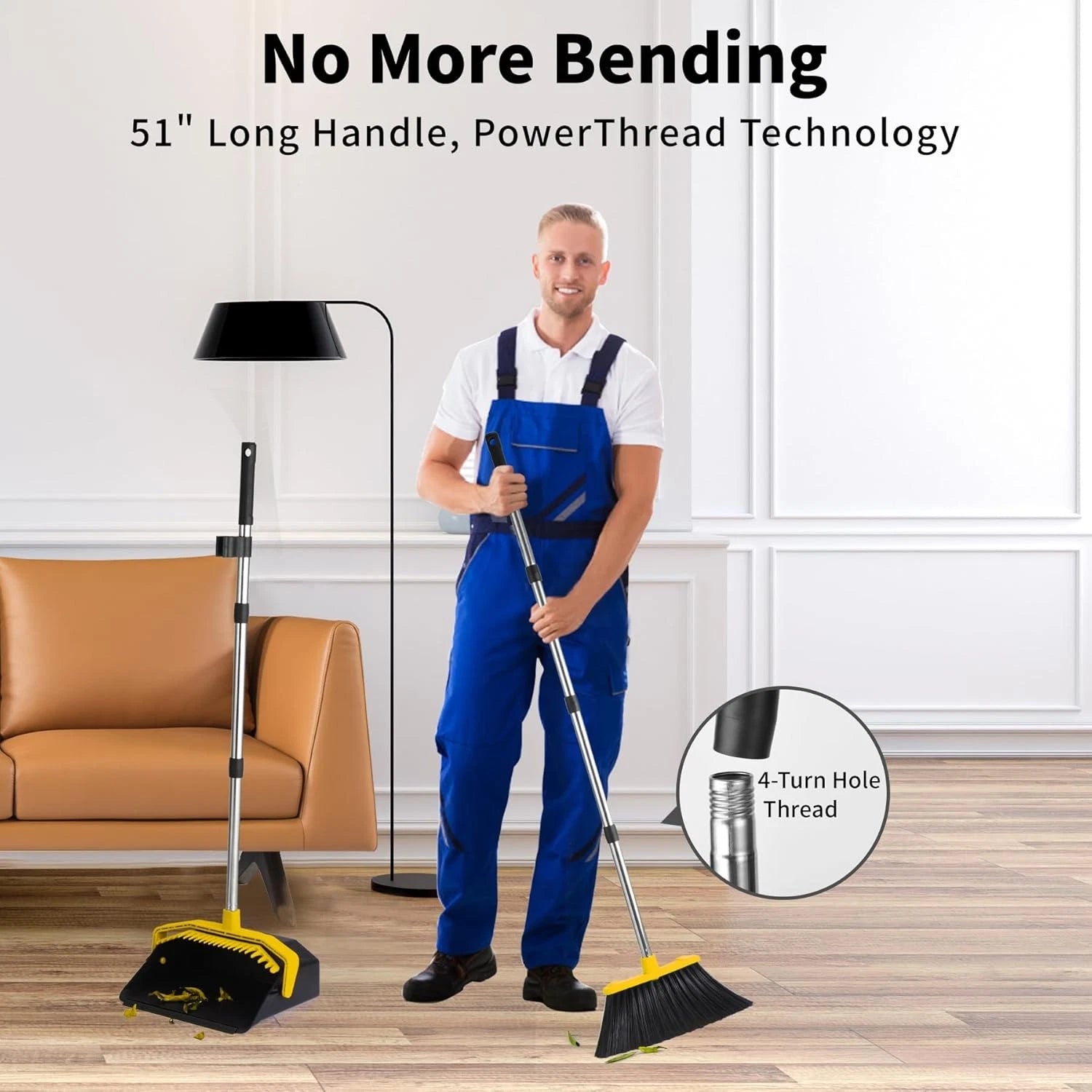 Broom with Dustpan Combo Set, Brooms & Dustpans Sets w/ 51'' Long Handle, Large