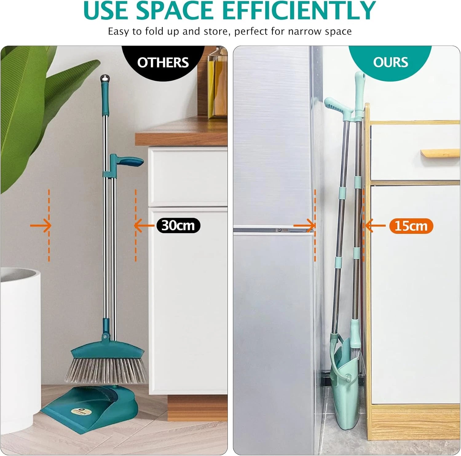 Broom and Dustpan Set with 55" Handle - Indoor Cleaning Tool, Bluish Green