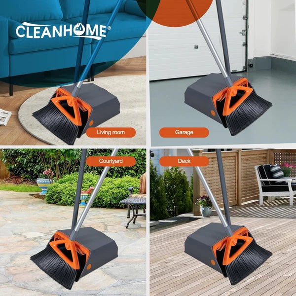 Commercial Broom and Dustpan Set with Long Handle, Outdoor Heavy Duty Gray
