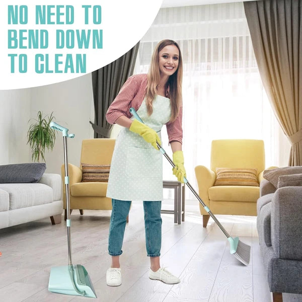 Broom and Dustpan Set with 55" Handle - Indoor Cleaning Tool, Bluish Green