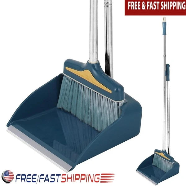 Broom Dustpan Set Long Handle Rubber Lip Bristles Indoor Outdoor Cleaning New