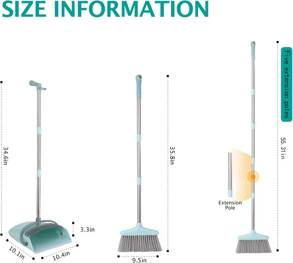 Broom and Dustpan Set with 55" Handle - Indoor Cleaning Tool, Bluish Green