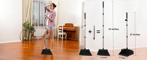 3-Pack Large Broom Dustpan Set Combo 51" Handle Self-Cleaning Teeth Home Office