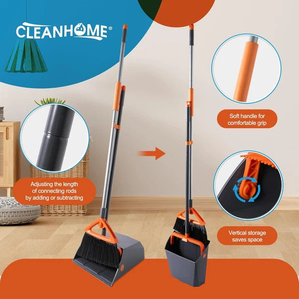 Commercial Broom and Dustpan Set with Long Handle, Outdoor Heavy Duty Gray