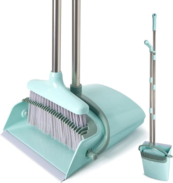 Broom and Dustpan Set with 55" Handle - Indoor Cleaning Tool, Bluish Green