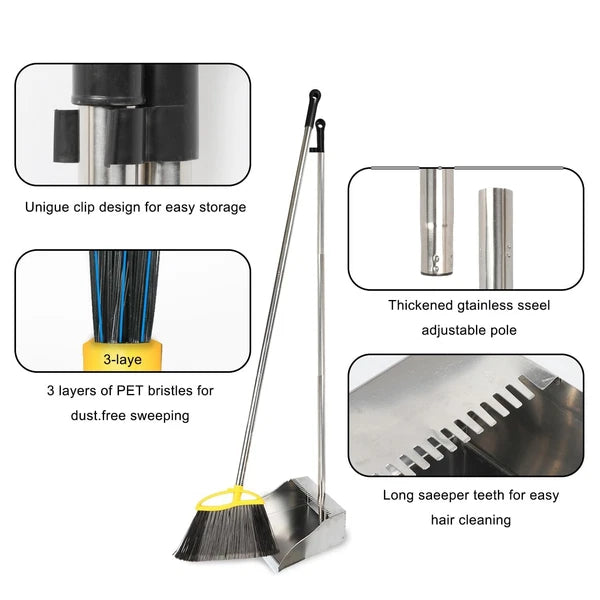 Broom and Dustpan Set, Heavy Duty Broom with Stainless Steel Dustpan, Stiff B...