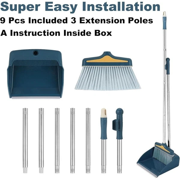 Broom Dustpan Set Long Handle Rubber Lip Bristles Indoor Outdoor Cleaning New