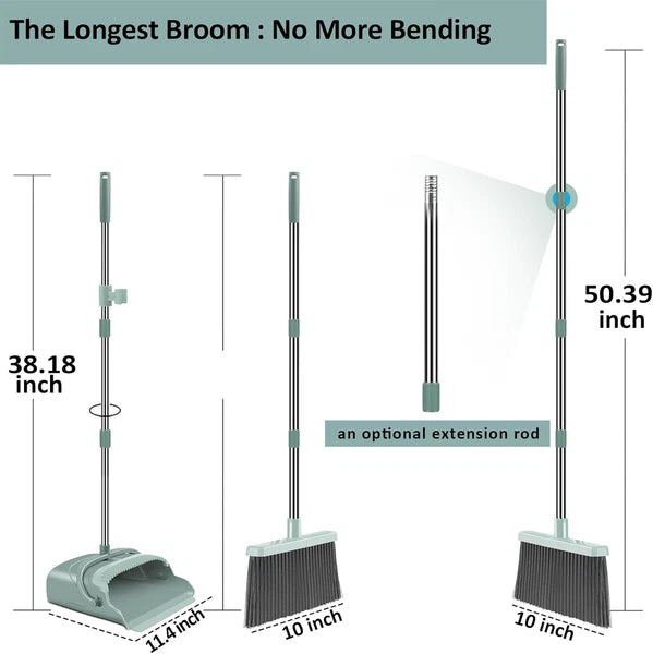 kelamayi Upgrade Broom and Dustpan Set, Large Size with Long Green