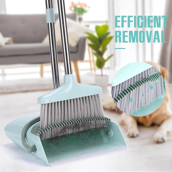 Broom and Dustpan Set with 55" Handle - Indoor Cleaning Tool, Bluish Green