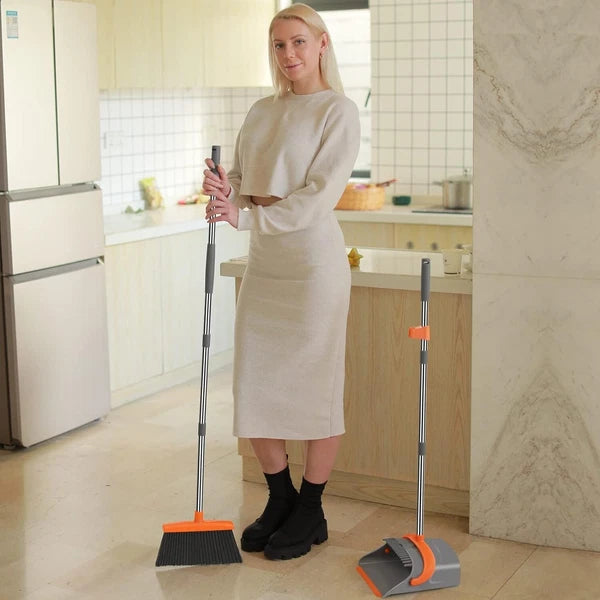 Long Handle Broom Dustpan Set Upright Combo Indoor Outdoor Home Office Sweeping
