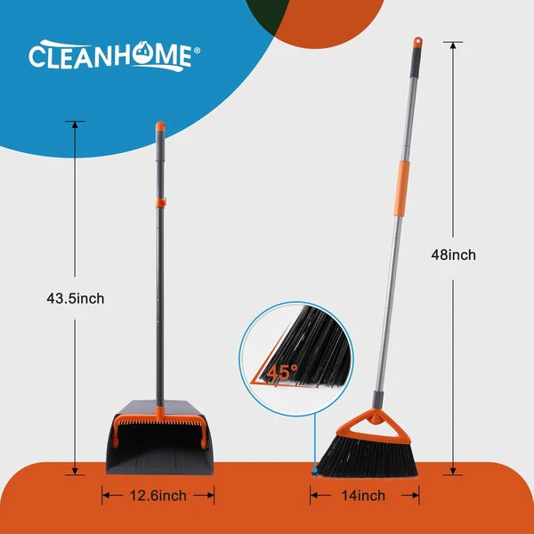 Commercial Broom and Dustpan Set with Long Handle, Outdoor Heavy Duty Gray