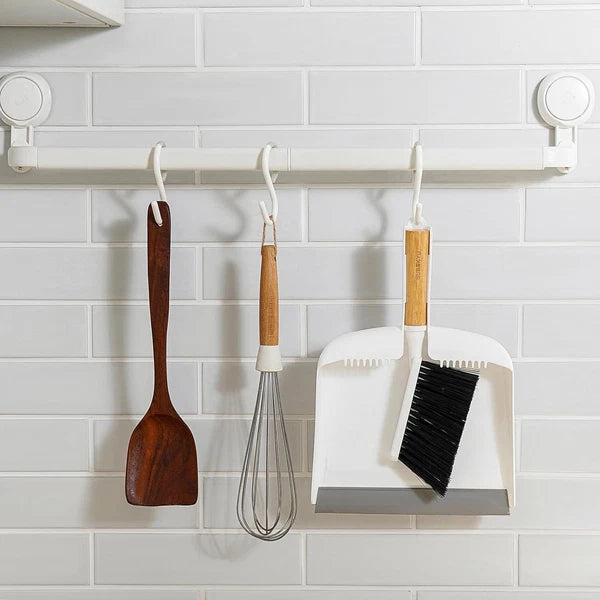 SUBEKYU Dustpan and Brush Set with Bamboo Handle, Hand Mini Broom White