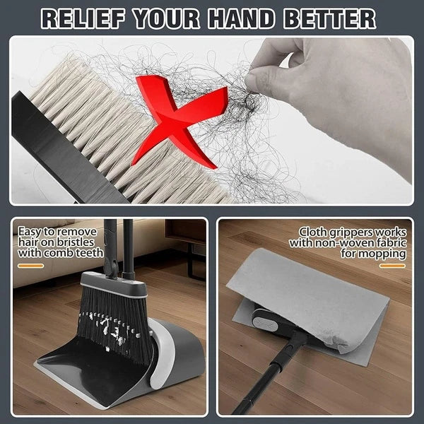 Broom & Dustpan Set 54.3in Long Handle Dust Pan W/ Comb Teeth Swivel Brush New