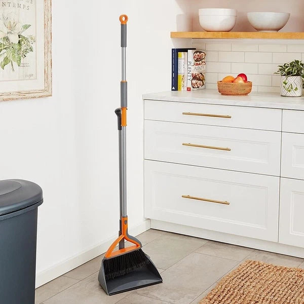 Upright Broom & Dustpan Set Multi-Surface Cleaning Tool Compact Dustpan Ridges