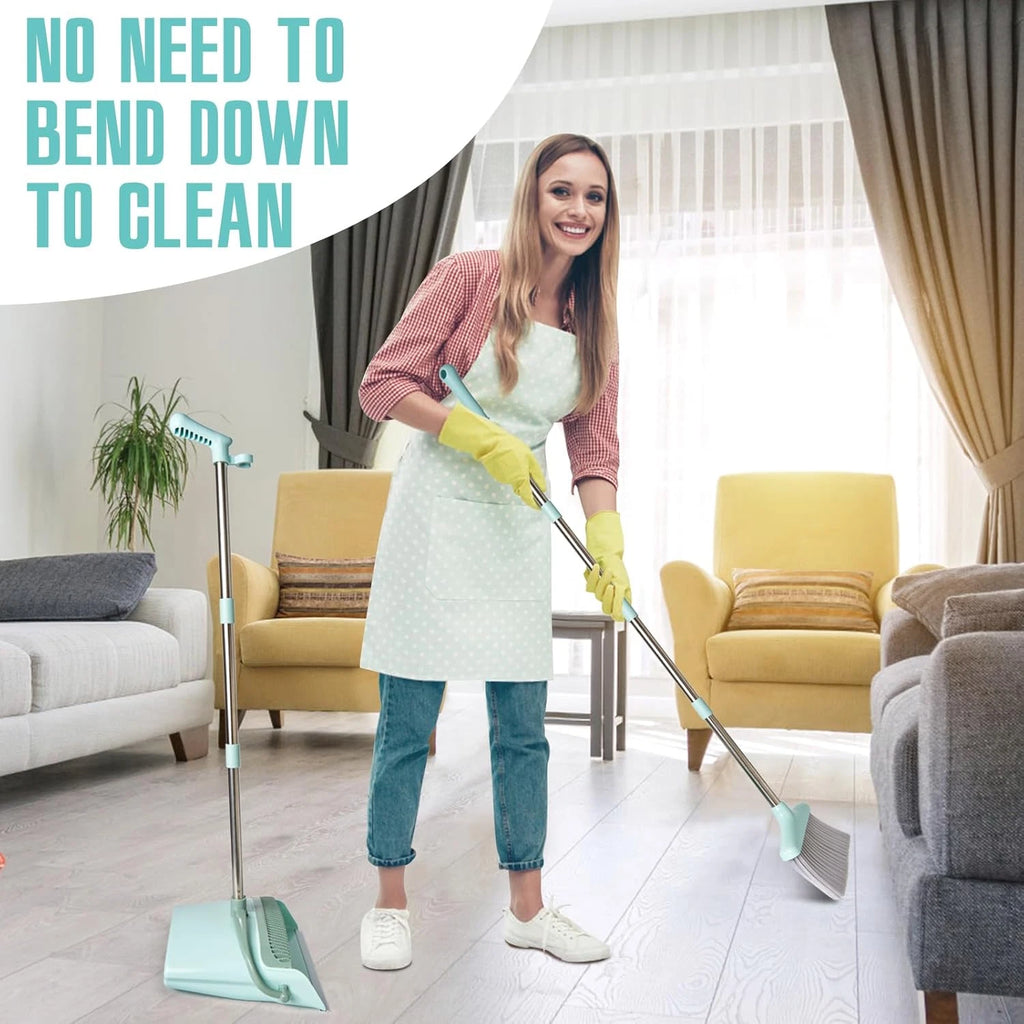 Broom and Dustpan Set with 55" Handle - Indoor Cleaning Tool, Bluish Green