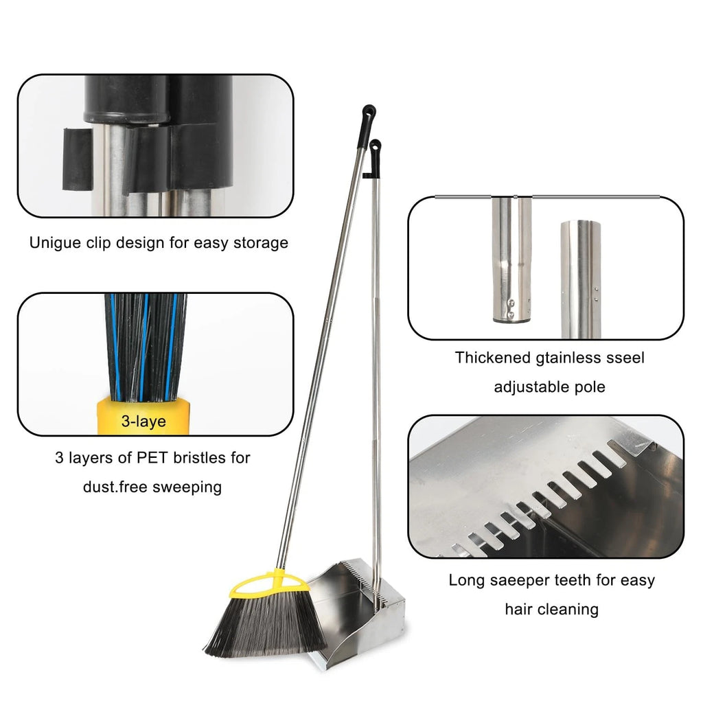 Broom and Dustpan Set, Heavy Duty Broom with Stainless Steel Dustpan, Stiff B...