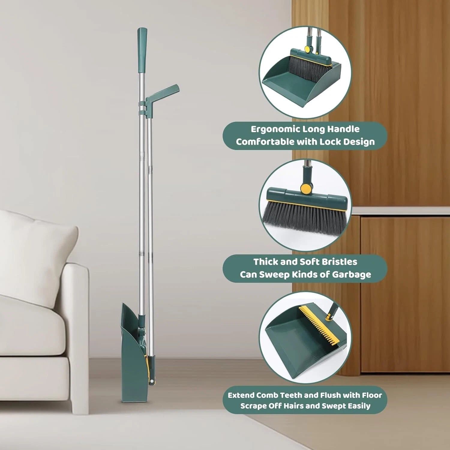 Stainless Steel Handle Broom with Dustpan Combo set for Kitchen Office Garden