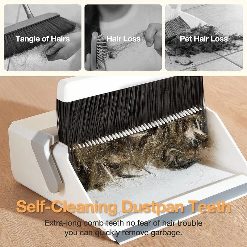 Broom Dustpan Set Pet Hair Remover Self-Cleaning Multi-Surface Cleaning Tool New