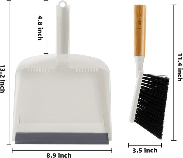 SUBEKYU Dustpan and Brush Set with Bamboo Handle, Hand Mini Broom White