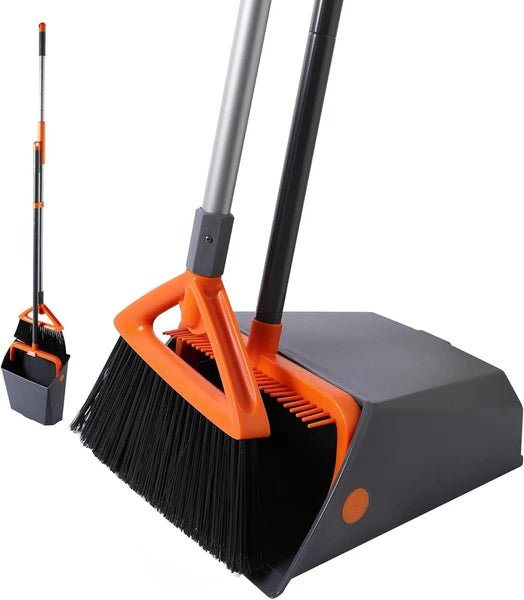 Commercial Broom and Dustpan Set with Long Handle, Outdoor Heavy Duty Gray