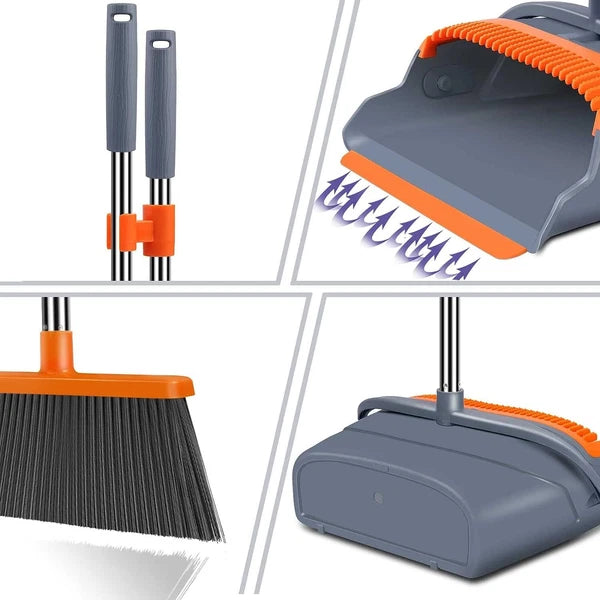 Upgraded Broom & Dustpan Teeth Set Ideal for Dog Cat Pets Home Use in Grey/Orang