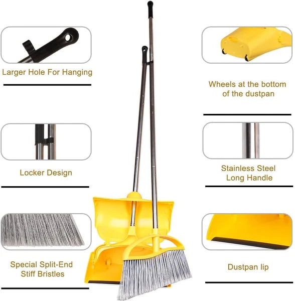 Long Handle Heavy Duty Broom and Dustpan Set, Outdoor and Commercial Upright Dus